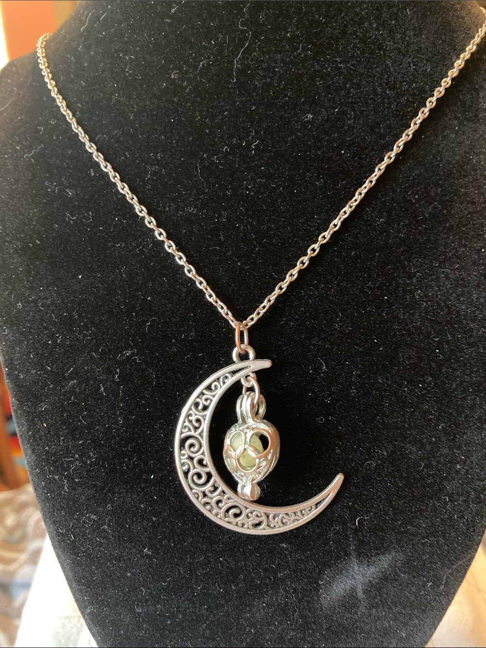 Celestial Crescent Moon & Heart Pendant Necklace - Silver Tone